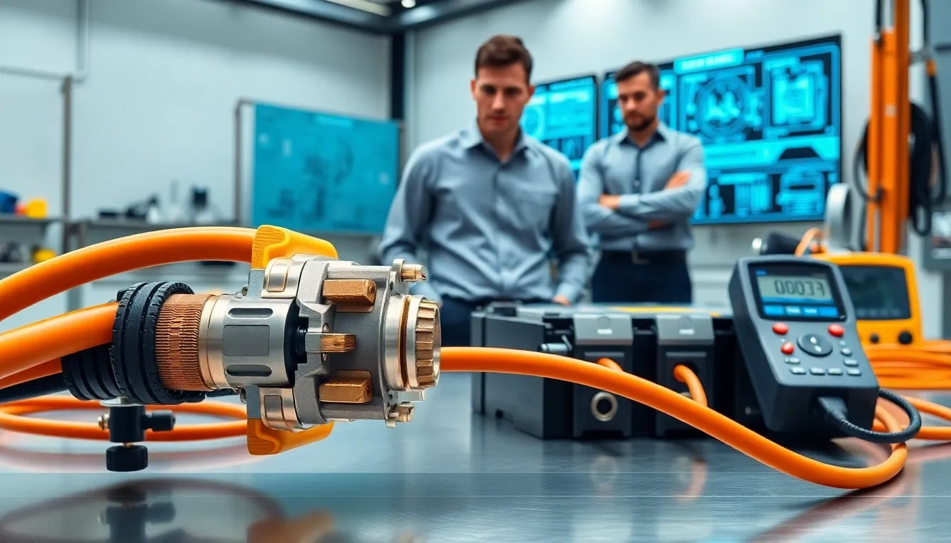 close up of a high current connector with engineer in a modern lab